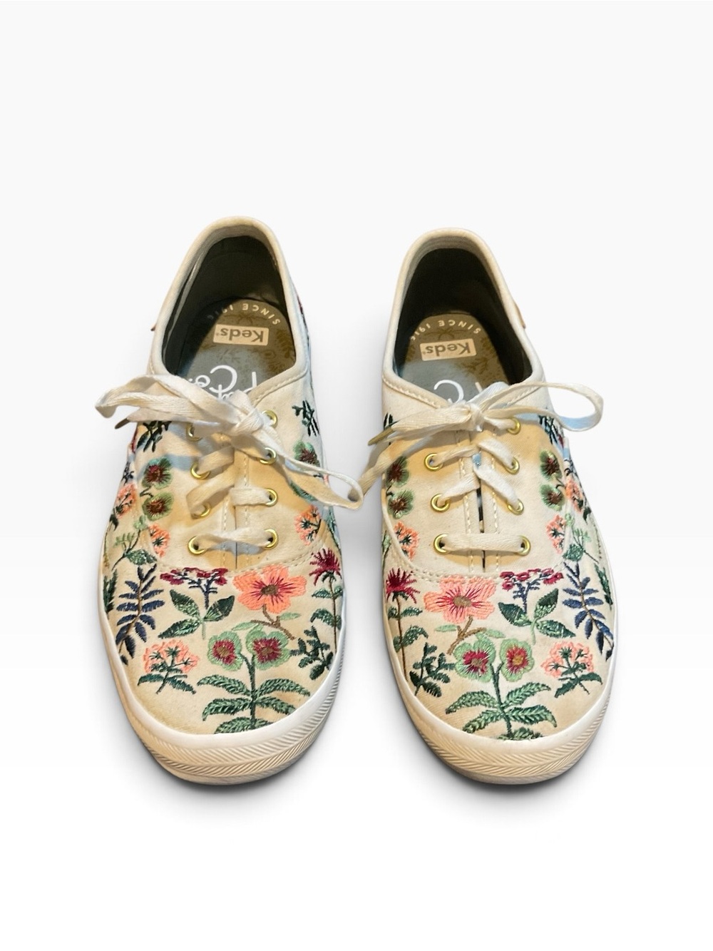 Keds Cream Canvas Sneakers with Multicolor Floral Embroidery